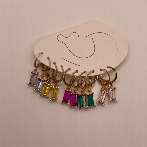 ⭐️❤️FREE Rhinestone Baguette Hoop Set Hipster Hippie Art Chic Glam Mini Earrings - Picture 7 of 8